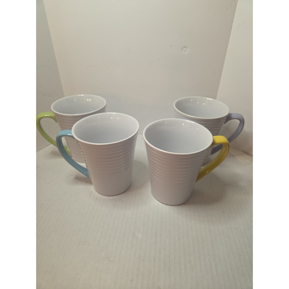 Set of (4) Coffee Mugs‎ Ribbed With Colored Handles 16 oz